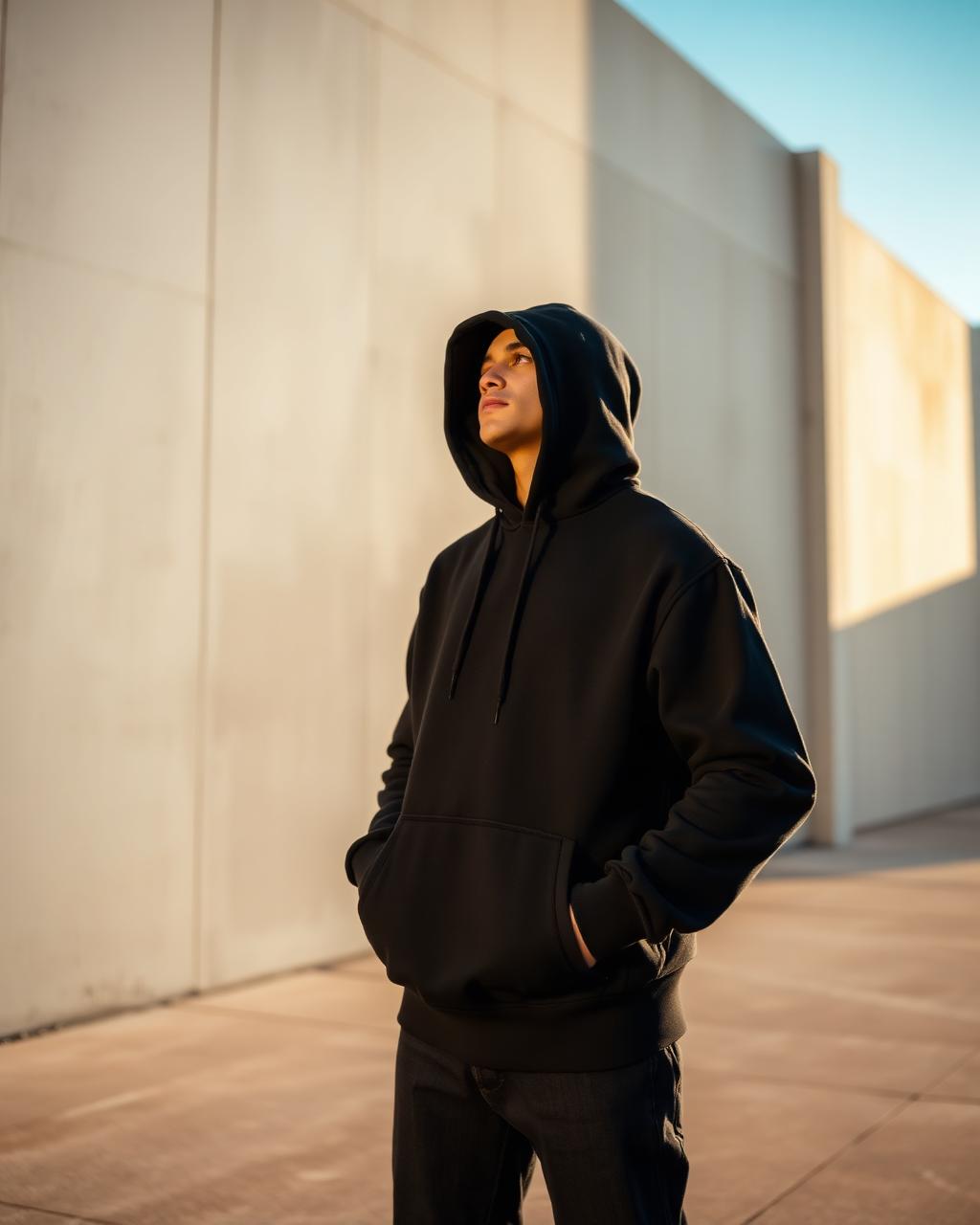 Person wearing a premium matte black custom hoodie in Los Angeles
